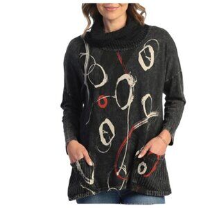 Jess & Jane Abstract Top Plus Size 1X Gray Cowl Neck Tunic Tee Pockets Turtlenec